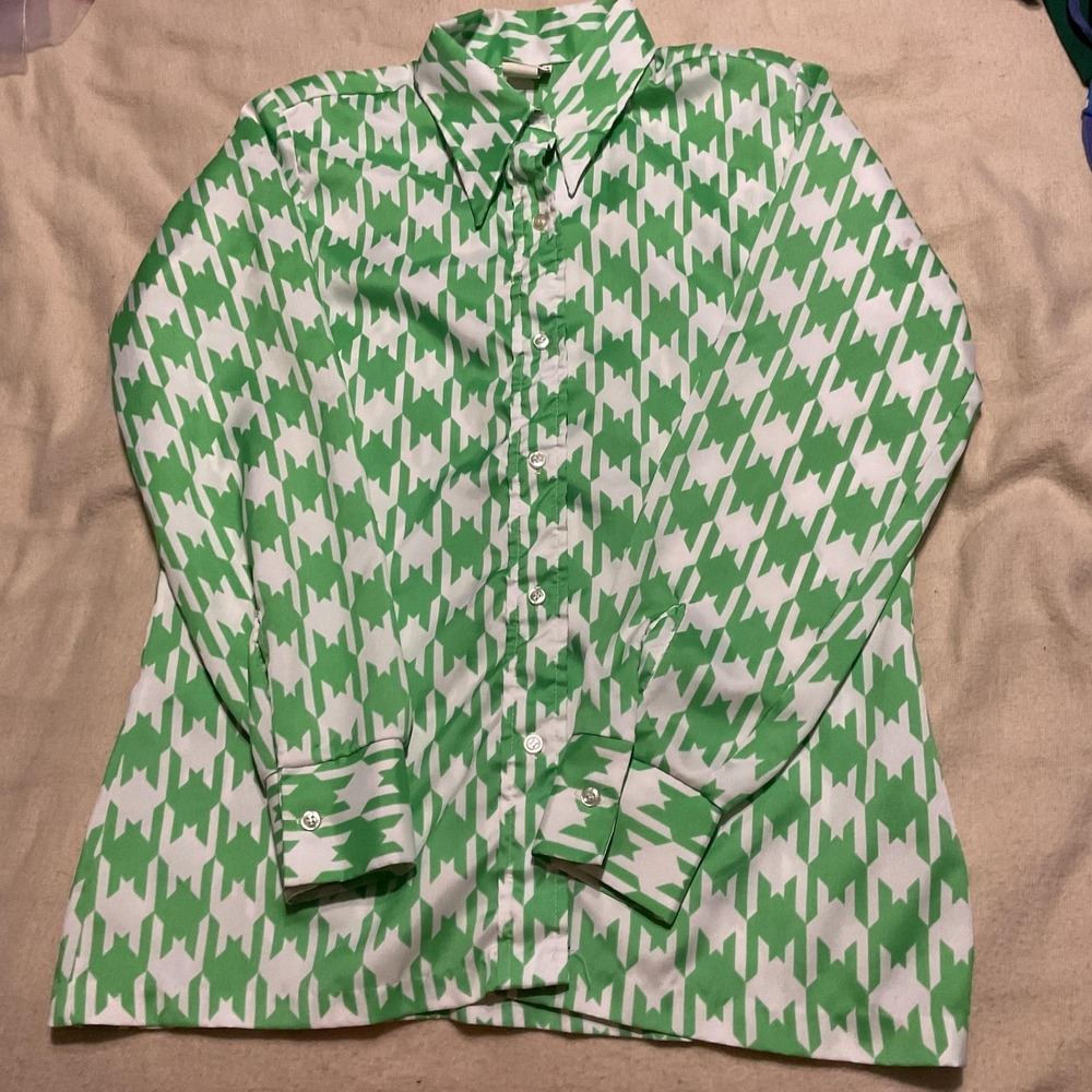 70sVintage Shapely Shirt Juniors 13/14 Green Geometric Permanent Press Button Up
